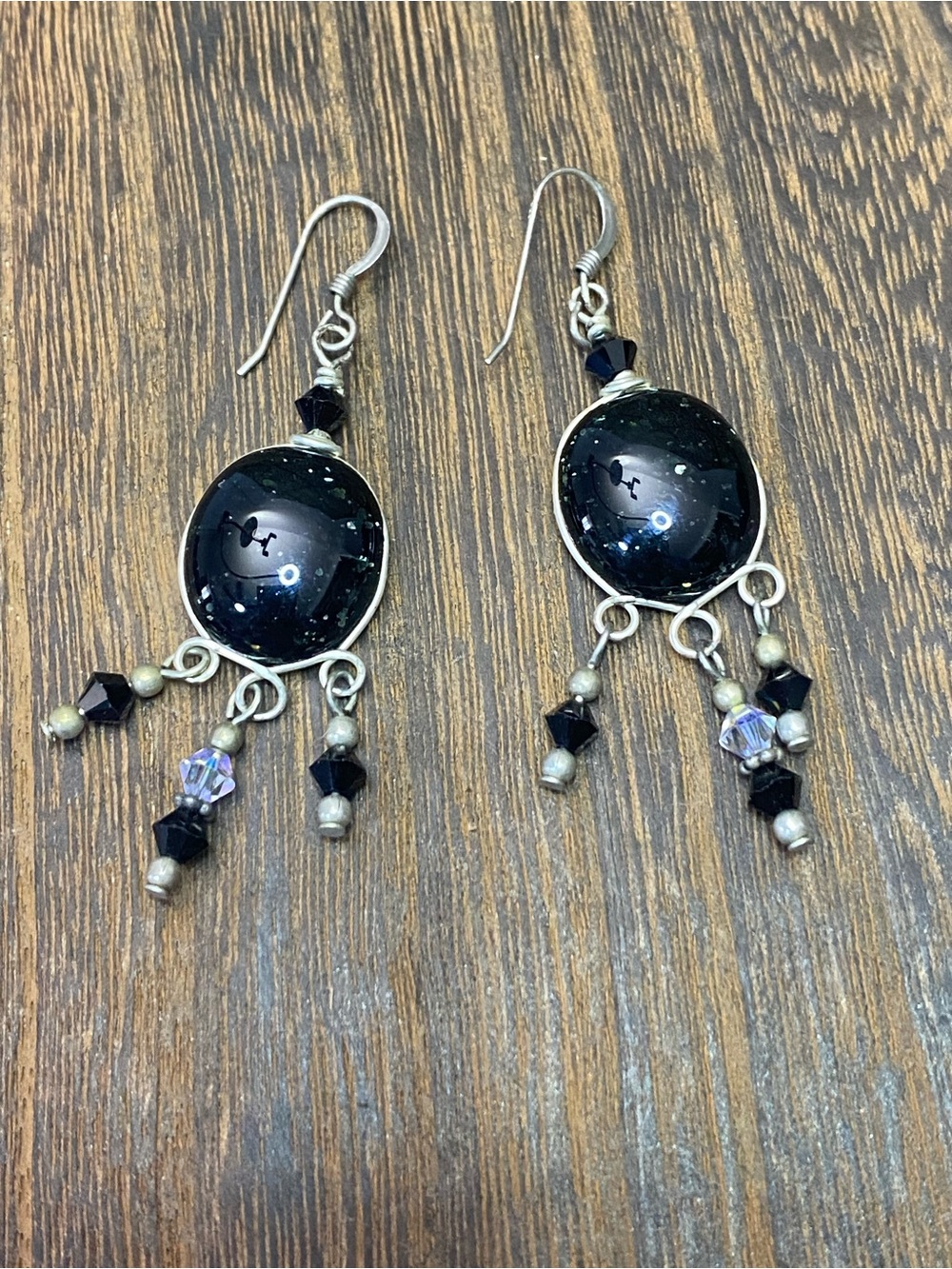 Black Sparkle Cabochon AB Crystal Bead Dangle Earrings with Silver-Tone Accents - Picture 5 of 10